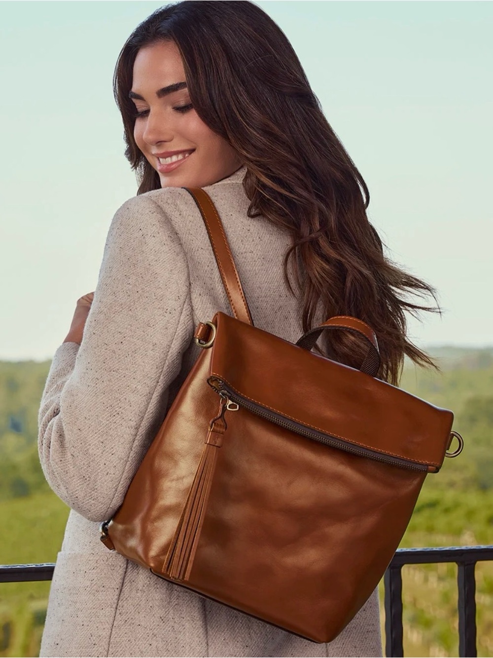 Patricia Nash Cognac Luzille Brown Leather Tassel Backpack
